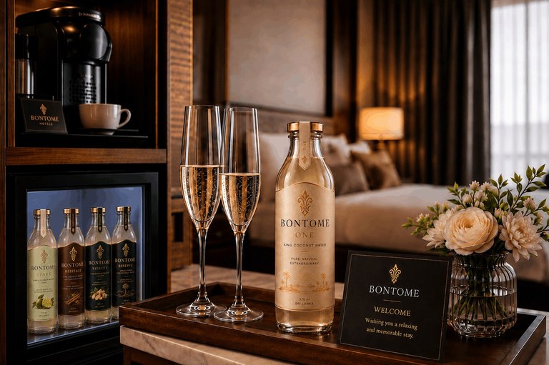 BONTOME ONE on a hotel welcome tray beside champagne flutes, with the full five-bottle minibar selection visible behind