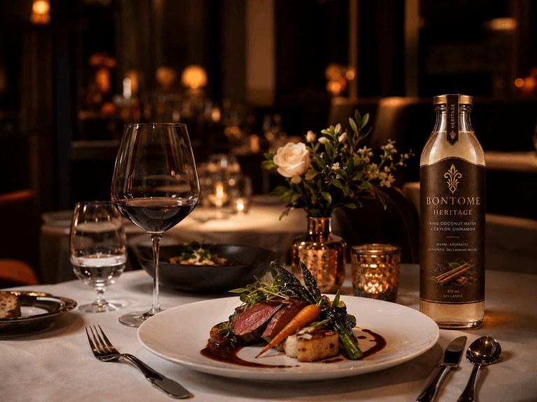 BONTOME HERITAGE on a fine-dining restaurant table beside a plated dish and wine glass